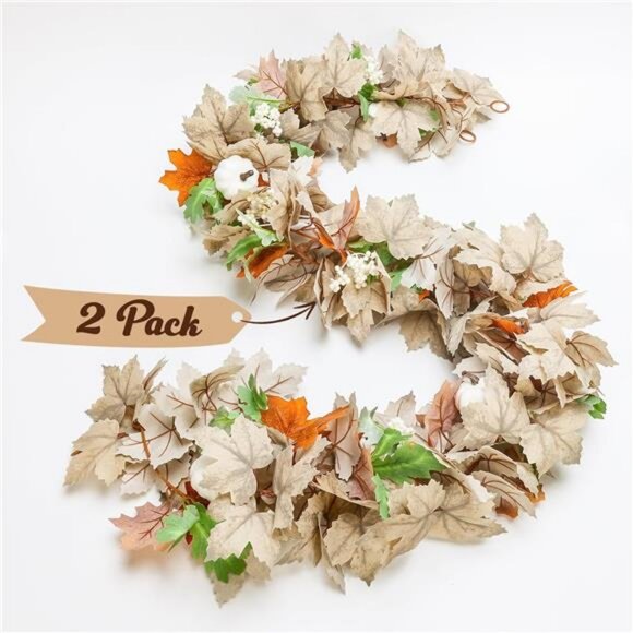2 Pack Fall Leaves Garlands, 6Ft Autumn Leaves Decor with Pumpkins for Home - Picture 2 of 7